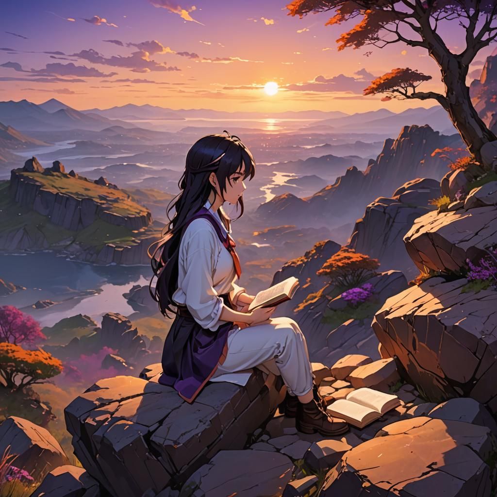 Anime Girl Gazing at Sunset: Manga Scan Style