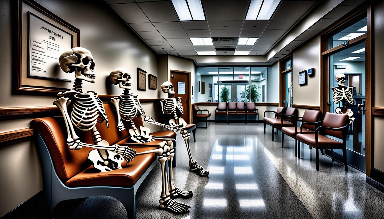 Skeleton in ER Waiting Room: Hyperrealistic Scene