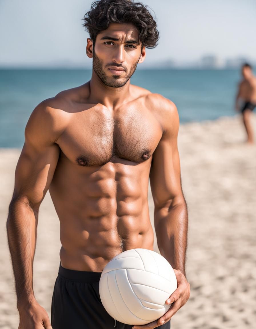 Shirtless Man with Volleyball on Sunny Beach