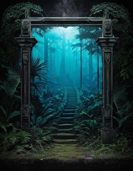 Surreal Amazonian Highland Jungle Scene with Ancient Cemeter...