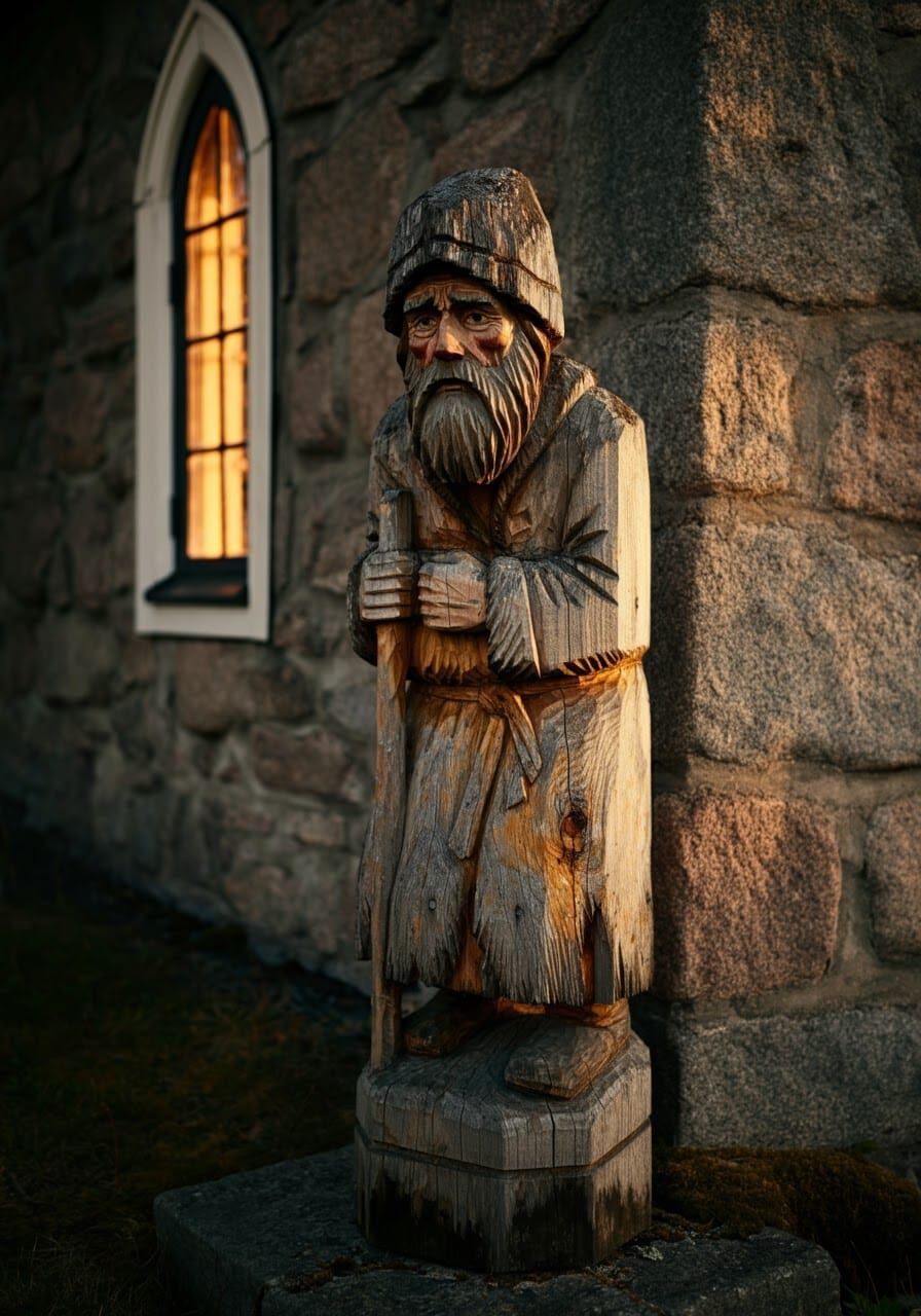 Wood carving of a beggar.
