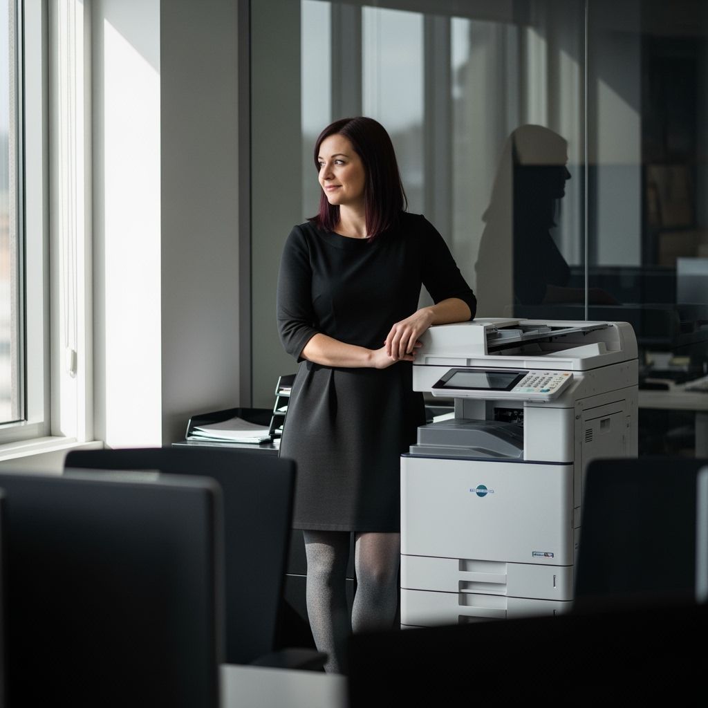 Candid Office Photo: Woman by Copier in Natural Light