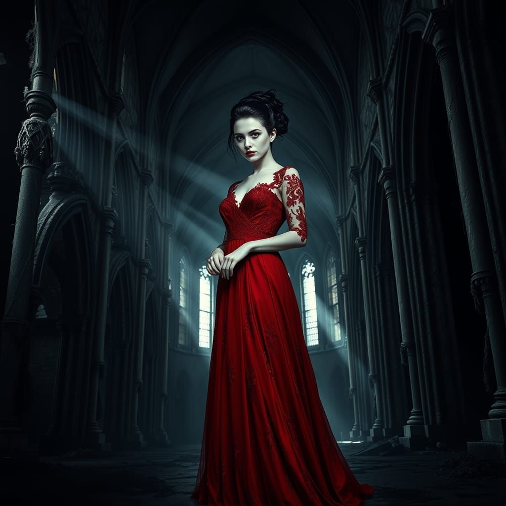 Ethereal Gothic Beauty in Crimson Gown, Cathedral Shadows