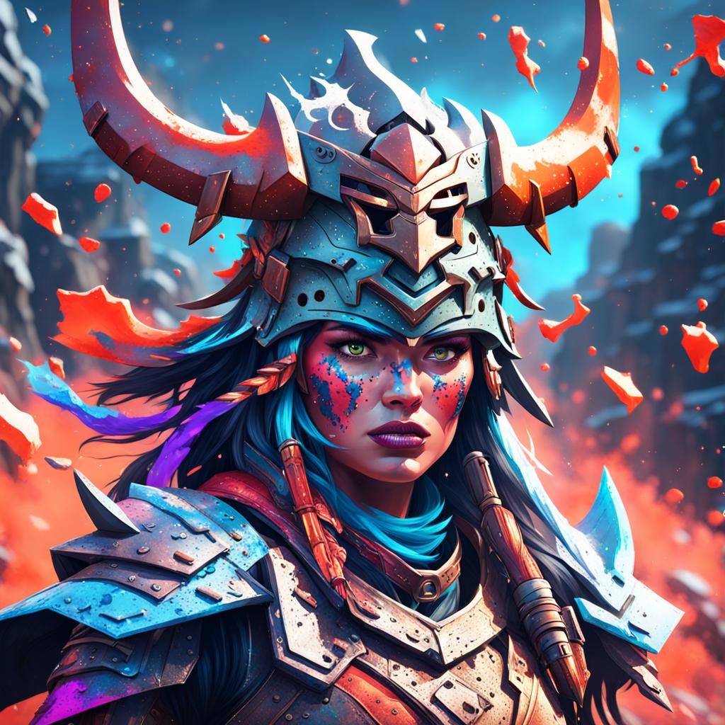 Stylized Horned Warrior Girl with Splatter Background