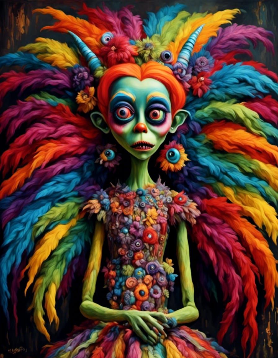 Rainbow Woman: Grotesque Illustration with Vibrant Colors