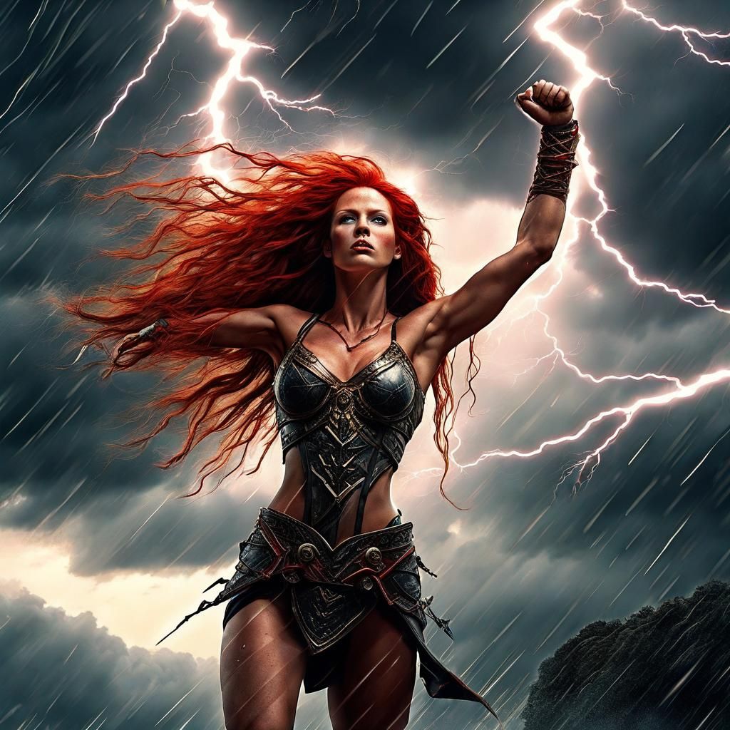 Warrior Woman Absorbing Storm Energy, Fantasy Concept Art