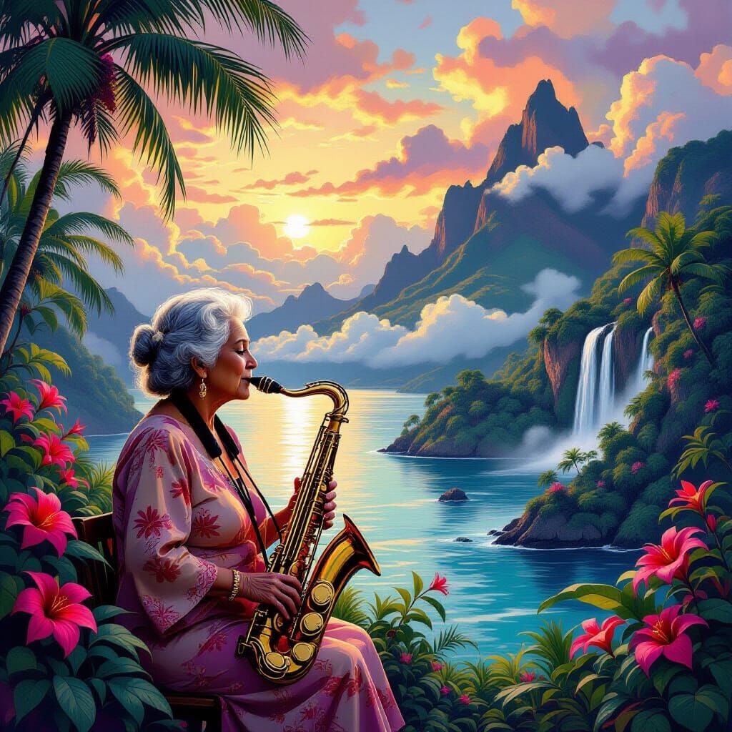 Elderly Woman Plays Saxophone on Floating Polynesian Island
