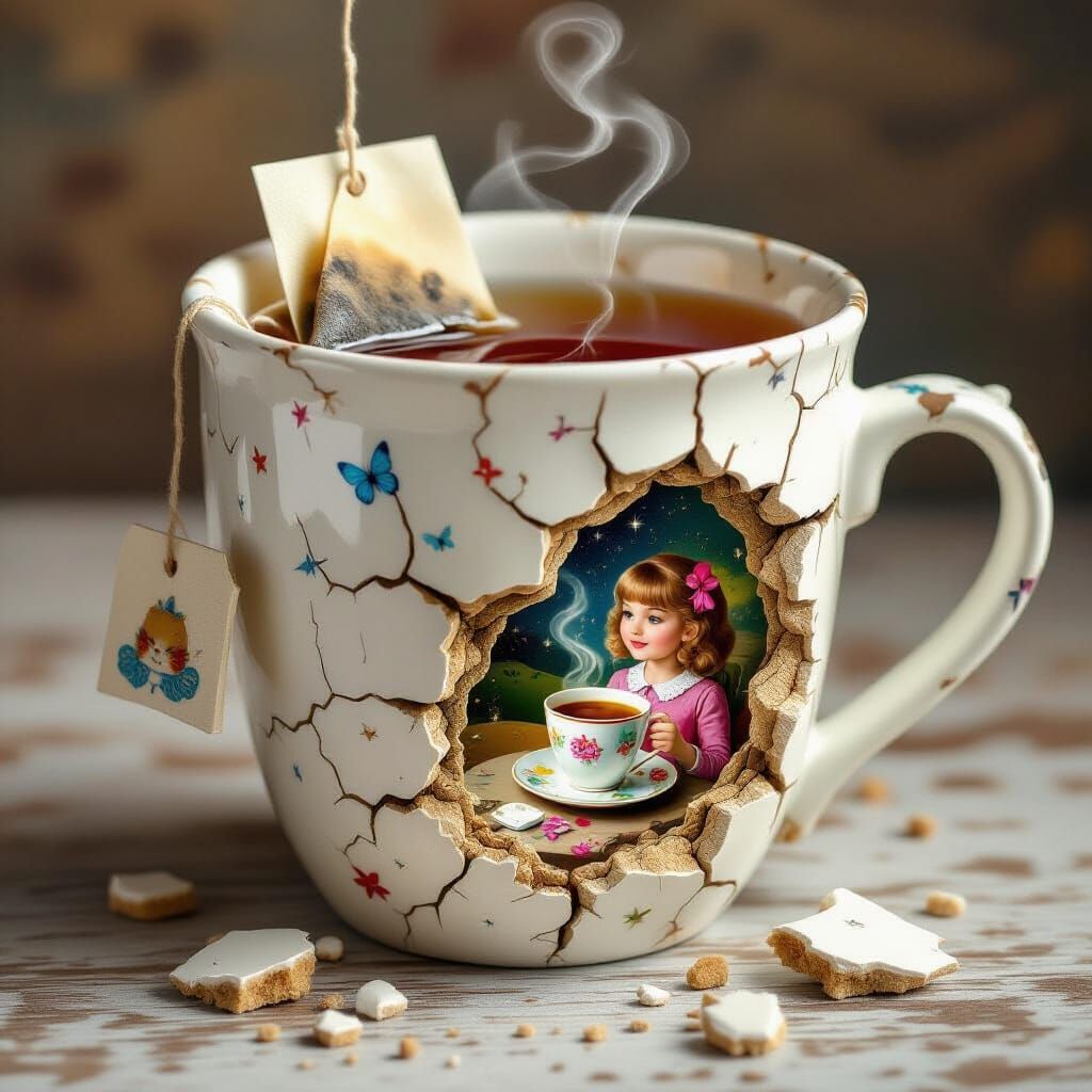 Chipped Mug with Cave Scene in Surrealist Style