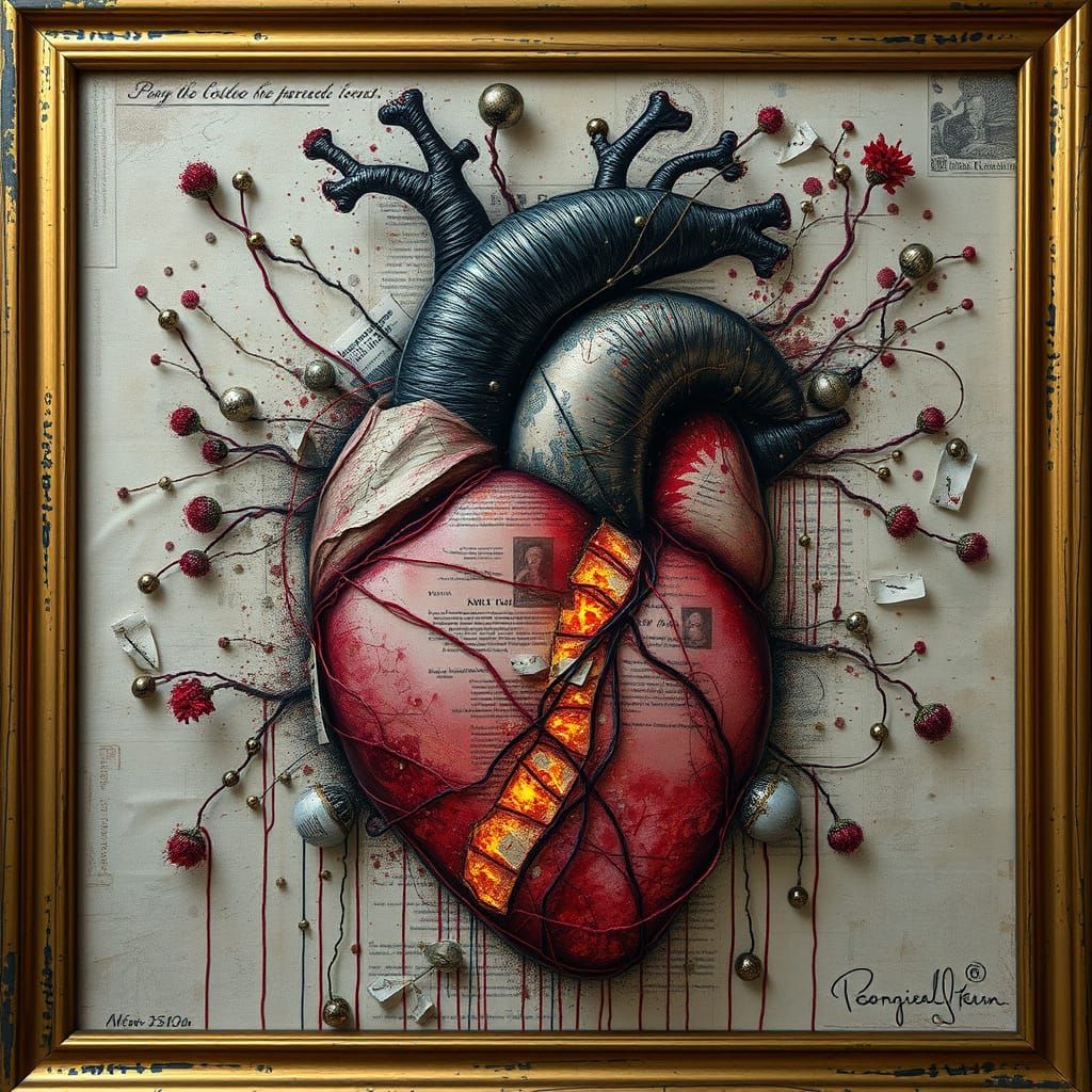 Surreal Heart Portrait in Mixed-Media with Embroidery Thread...