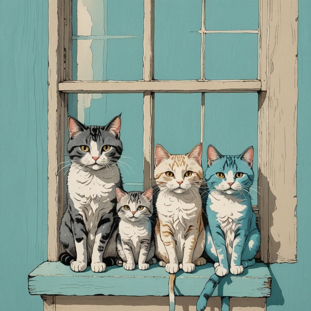 Cats on Ledge in Storybook Style