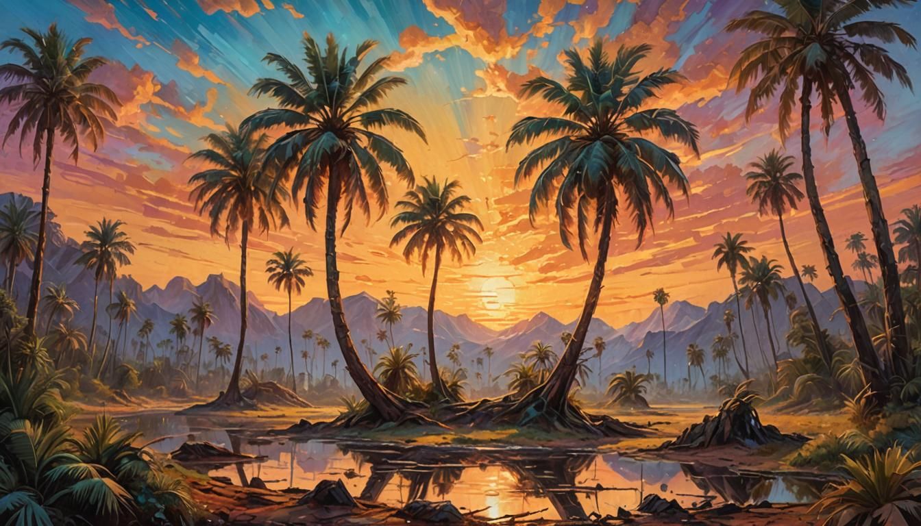 Alien Sunset: Palm Trees in Vibrant Oil Painting