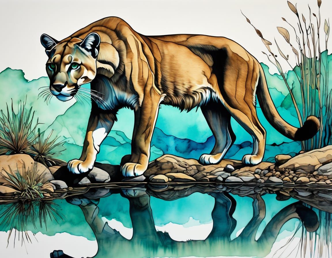Whimsical Mountain Lion Drinking from a Deserted Pond