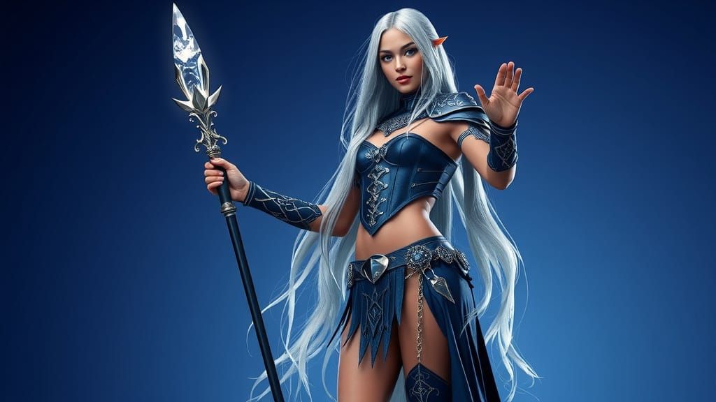 Ethereal Warrior Goddess with Glowing Cosmic Staff in Dark B...