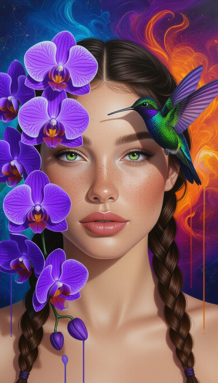 Hyperrealistic Orchid Portrait with Hummingbird
