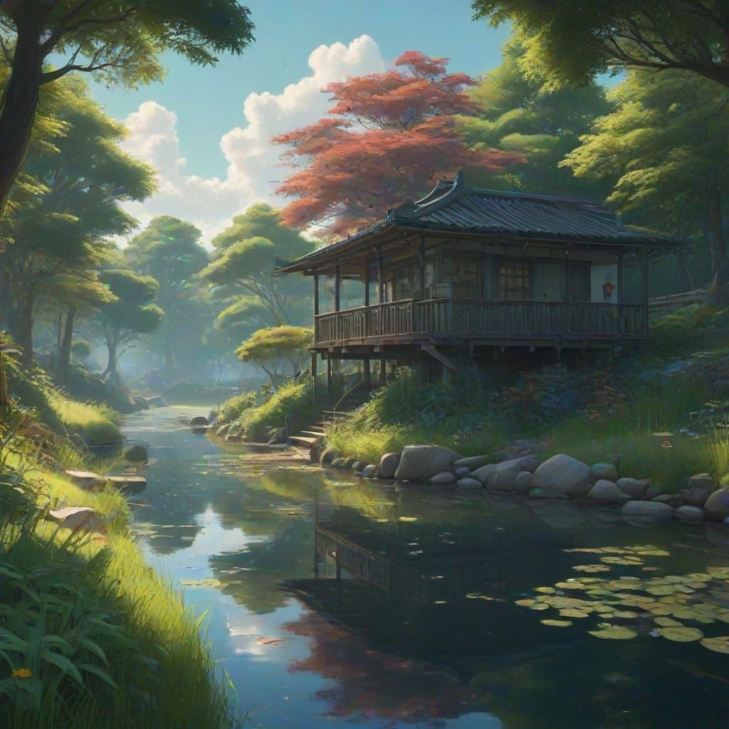 A Glowing Lake in an Enchanting Water Garden, with Realistic...