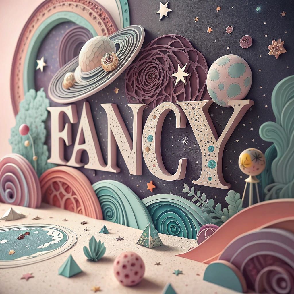 Text that says "FANCY" in  3D bold modern serif science fiction font, in 3d papercut, crafted entirely from delicate pas...