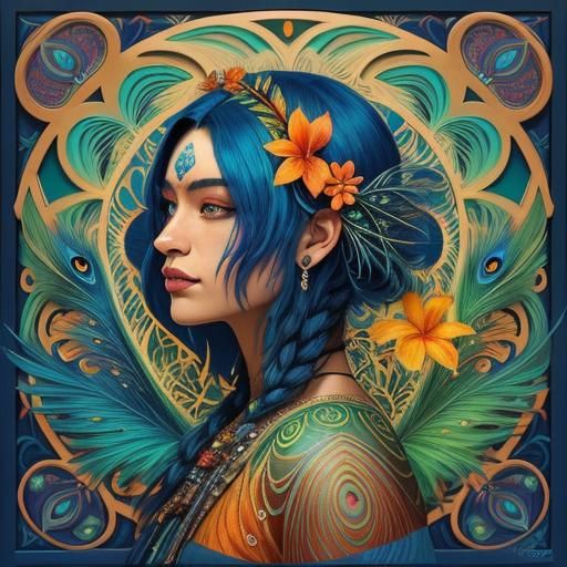 Peacock Woman Portrait in Polynesian Art Nouveau Style