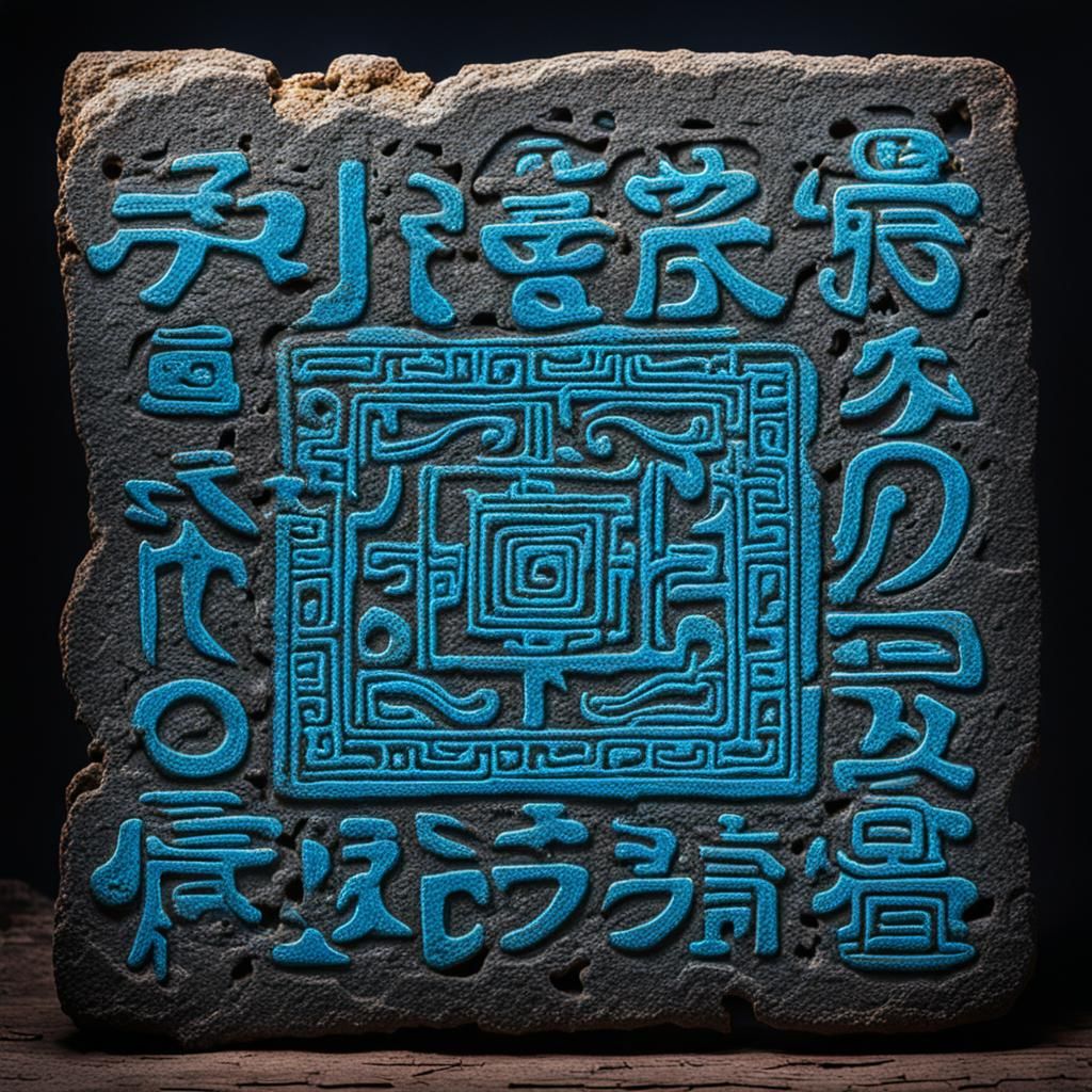 Mysterious Neon Writing on Ancient Stone Tablet