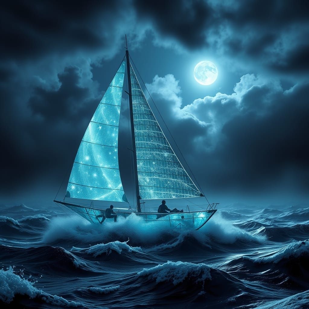 Glass Sailboat Navigating Stormy Seas Under Moonlight