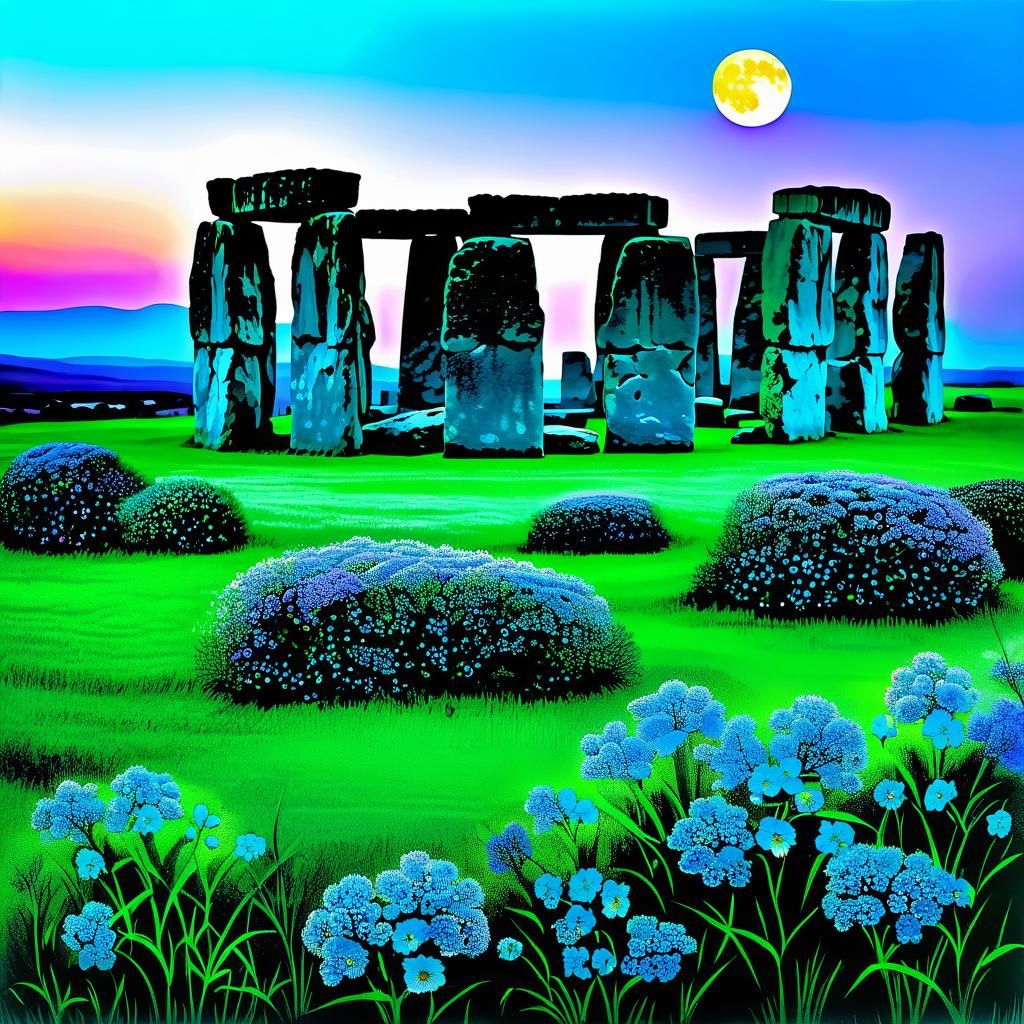 Stonehenge Overgrown with Azaleas in Alcohol Ink Style