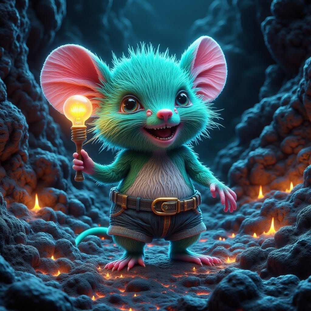 Giant Aqua Chibi Mouse in Dungeon Holding Light Bulb