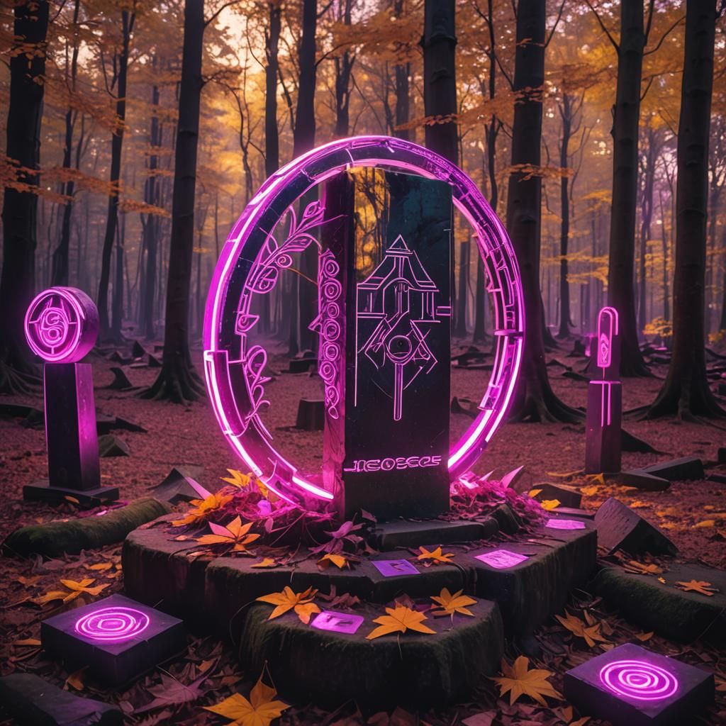 Neon Steles Circle in Autumn Woods: Synthwave Art