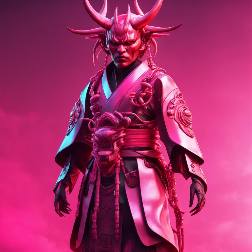 Cyberpunk Asian Model with Oni Mask and Kimono