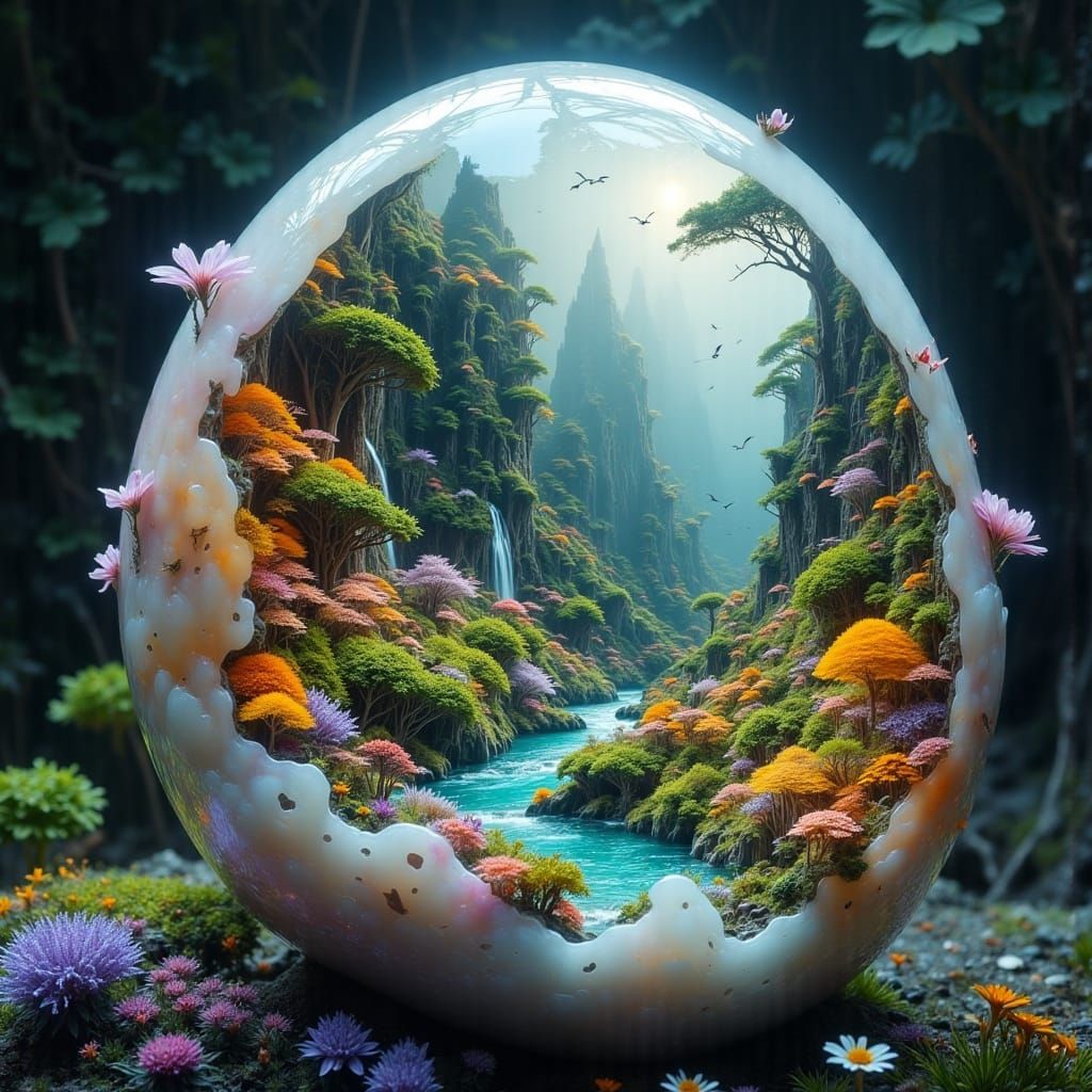Enchanted Valley in Luminous Pearl, Surreal Landscape