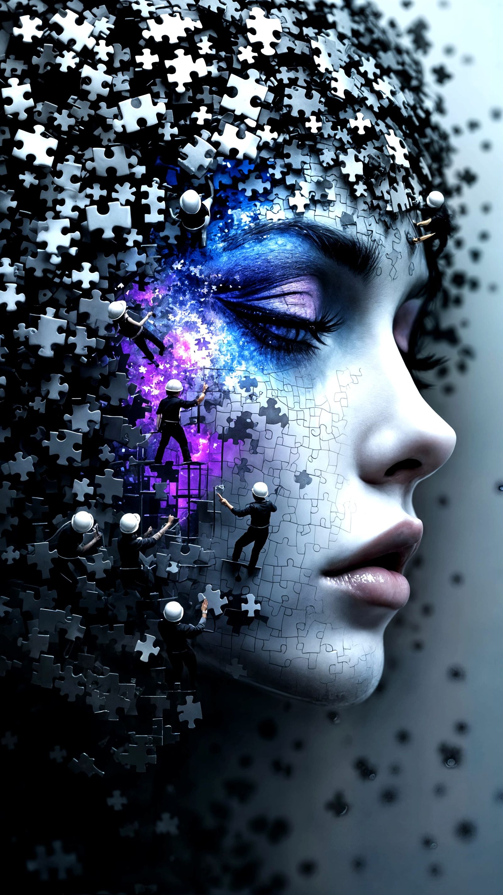 Goth Female Face Constructed from Exploding Puzzle Pieces in...