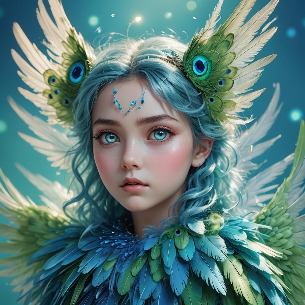 Blue Poof Portrait with Angelic Wings: 3D Digital Art