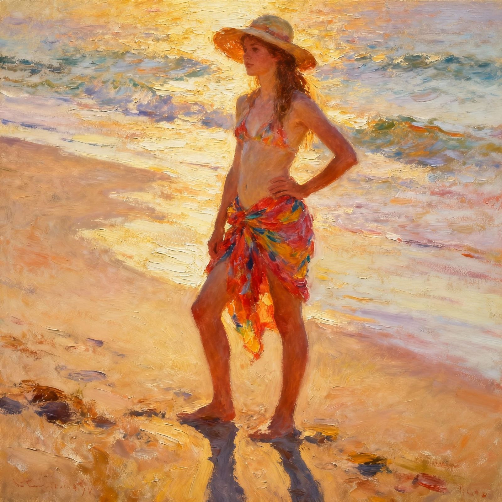 Girl on Beach at Golden Hour, Expressive Oil Painting