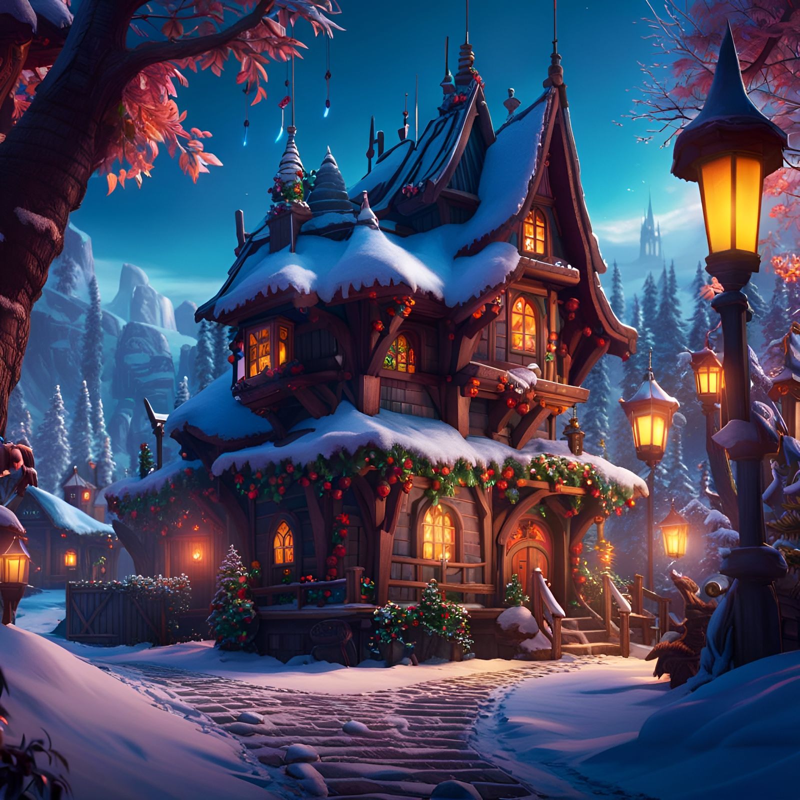 Fantasy Winter Village in Matte Painting Style