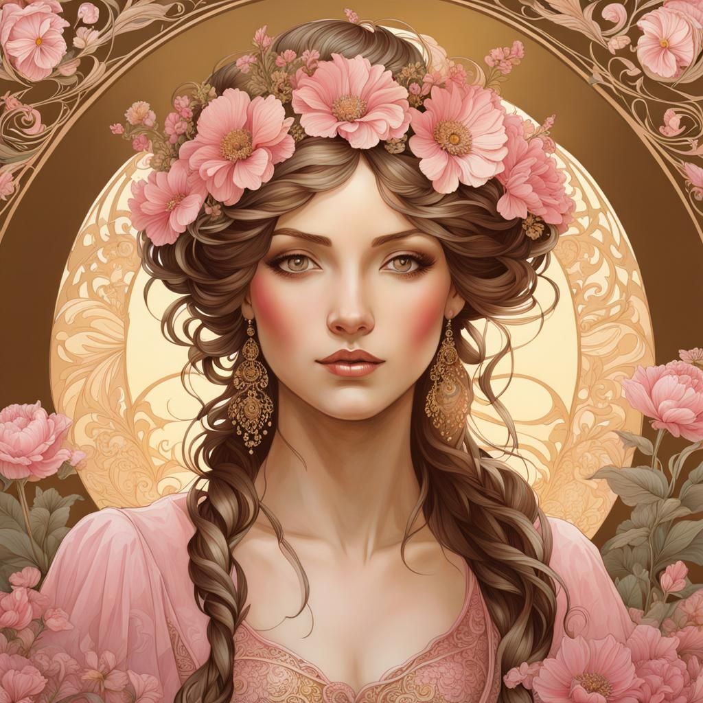 Beautiful Woman in Garden Art Nouveau Style