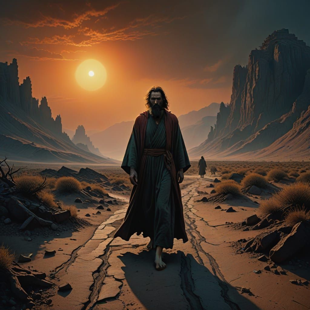 Weary Wanderer in Dystopian Desert Landscape