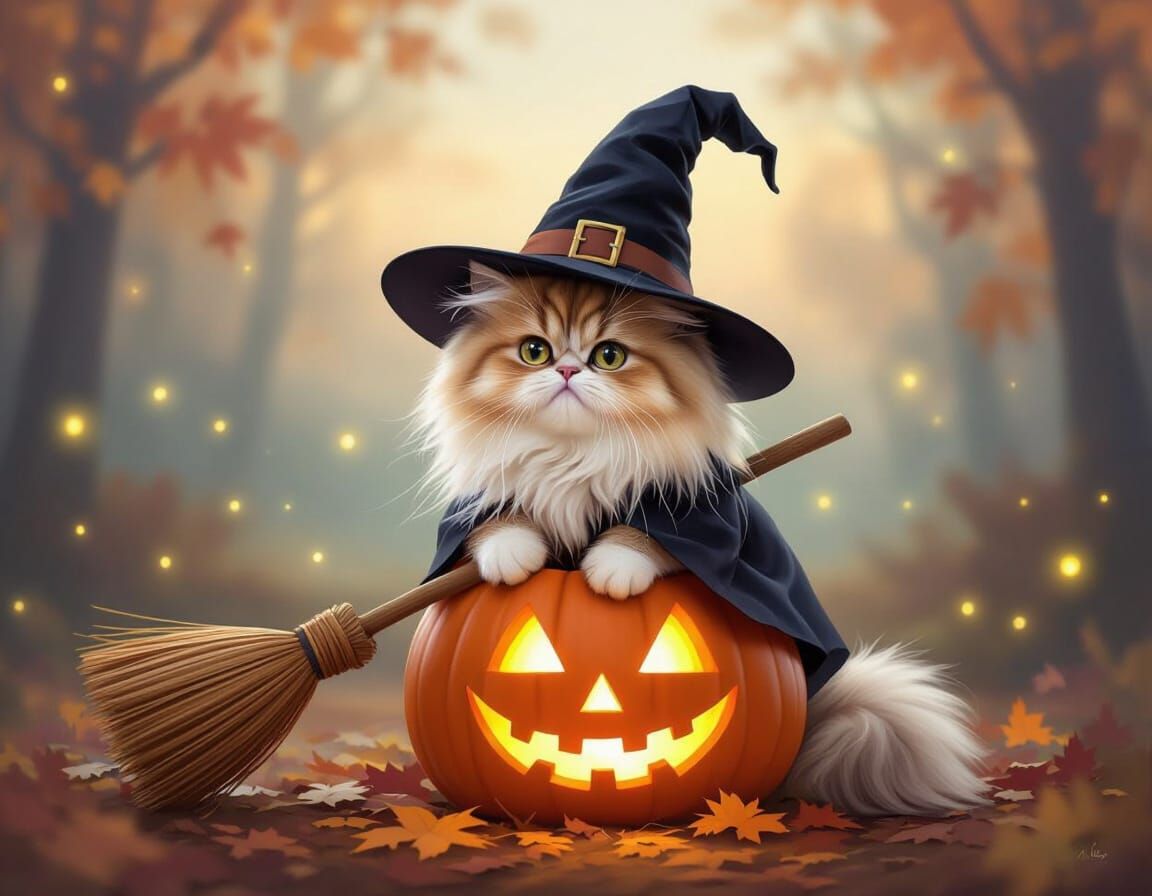 Fluffy Witch Cat on Jack-o'-Lantern in Autumn Forest
