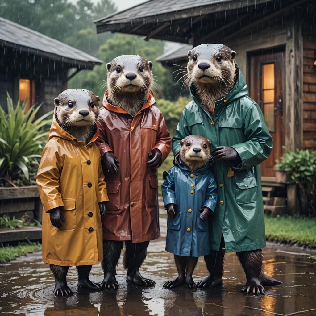Anthropomorphic Otter Family Portrait in Cinematic Style