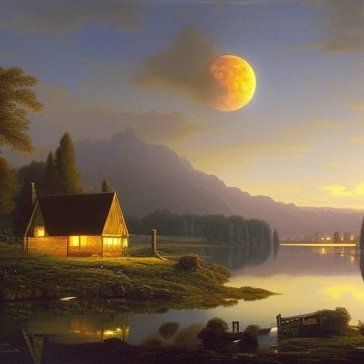 Giant Golden Moon Over Lake in Academic Style