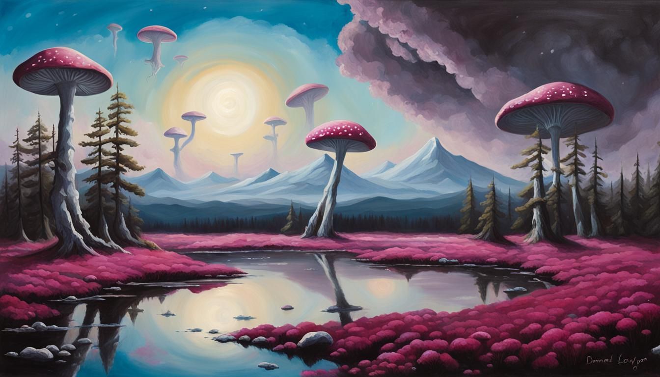 Surreal Landscape with Magenta Mushrooms and Galaxy Sky