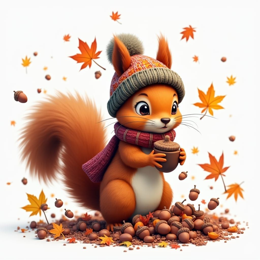 Squirrel's Autumn Acorn Stash: Whimsical Illustration