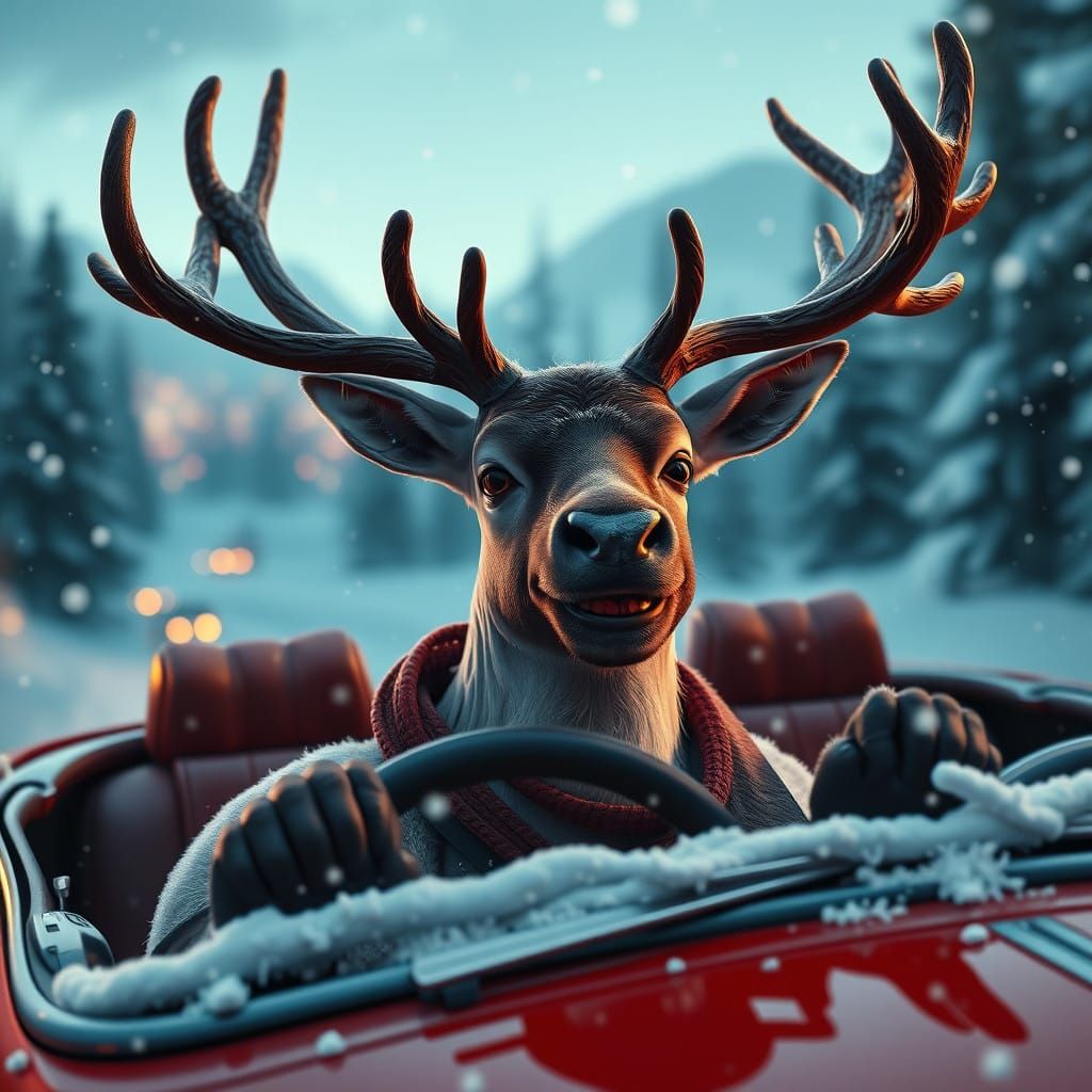 "A reindeer drives a convertible and smiles"