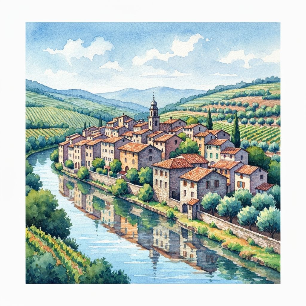 European Village in Valley: Impressionistic Watercolor