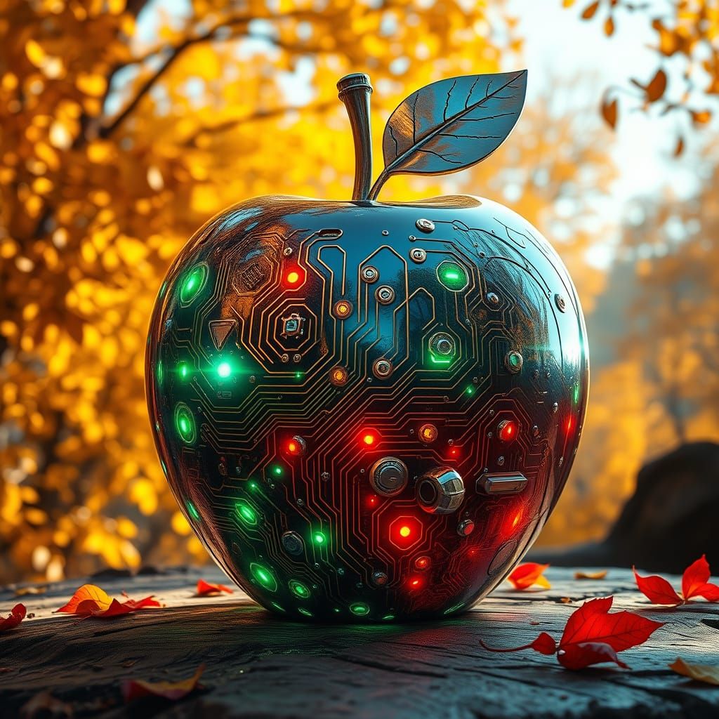 Glowing Metallic Apple in Futuristic Autumn Landscape