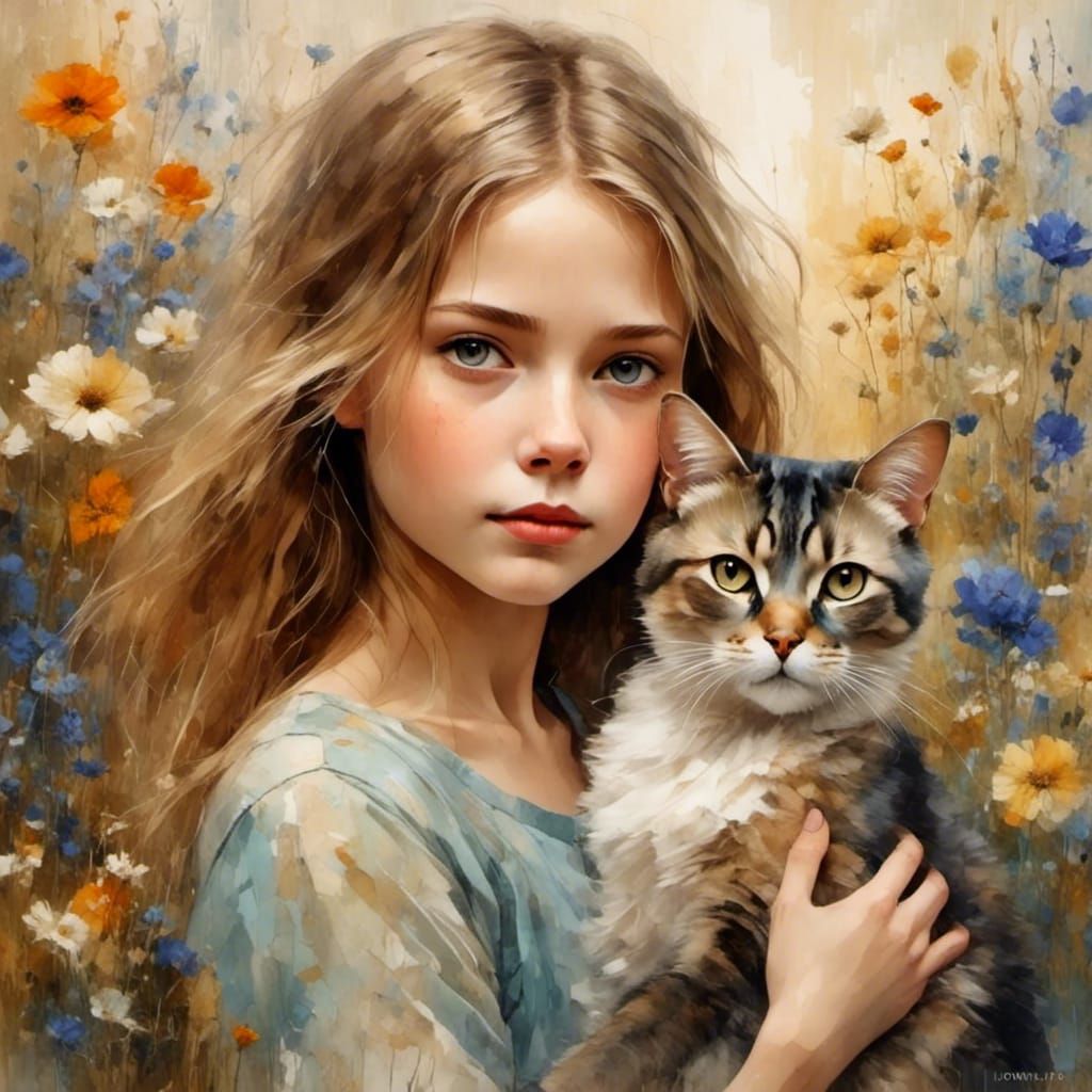 Girl with Cat Portrait in Impressionist Style