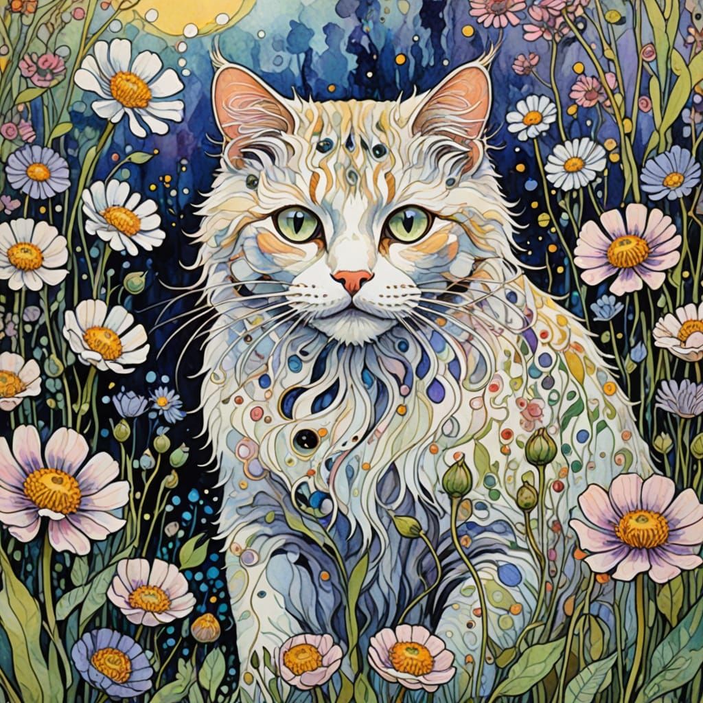 Cat in a Garden with Anemones, Ink and Watercolor