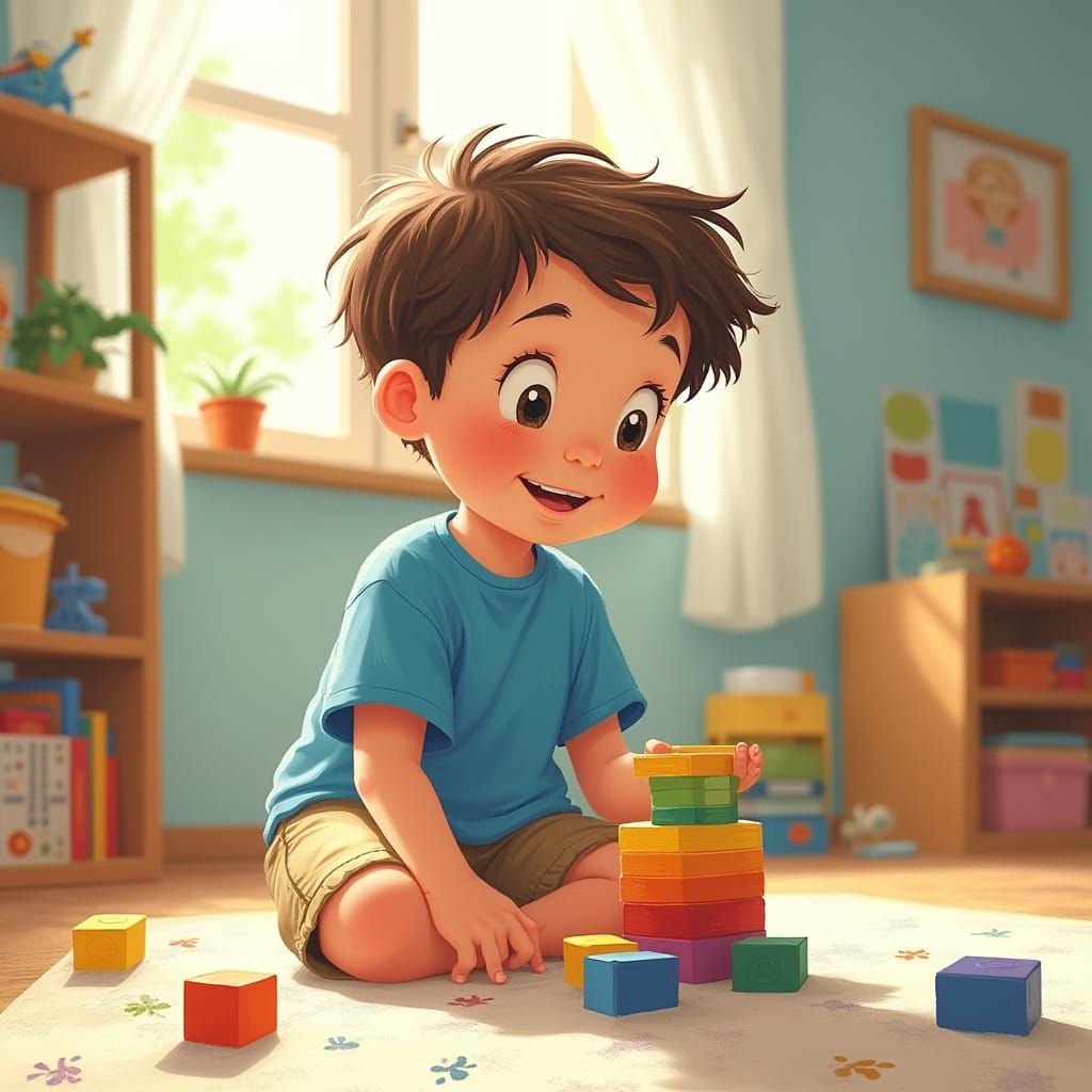 A Young Boy with Autism Plays in a Vibrant Playroom