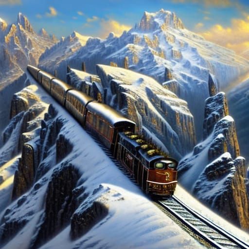 Alpine Train in Winter, Jugendstil Digital Painting