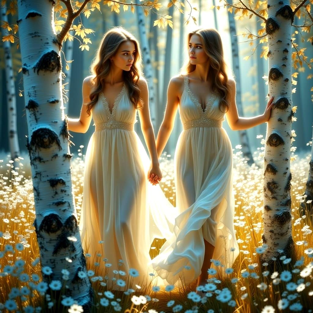 Hyperrealistic Birch Forest with Shy Women