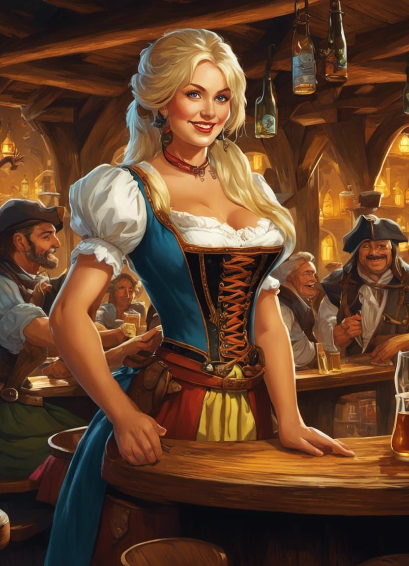 Joyful Tavern Wench in Detailed Comic Style