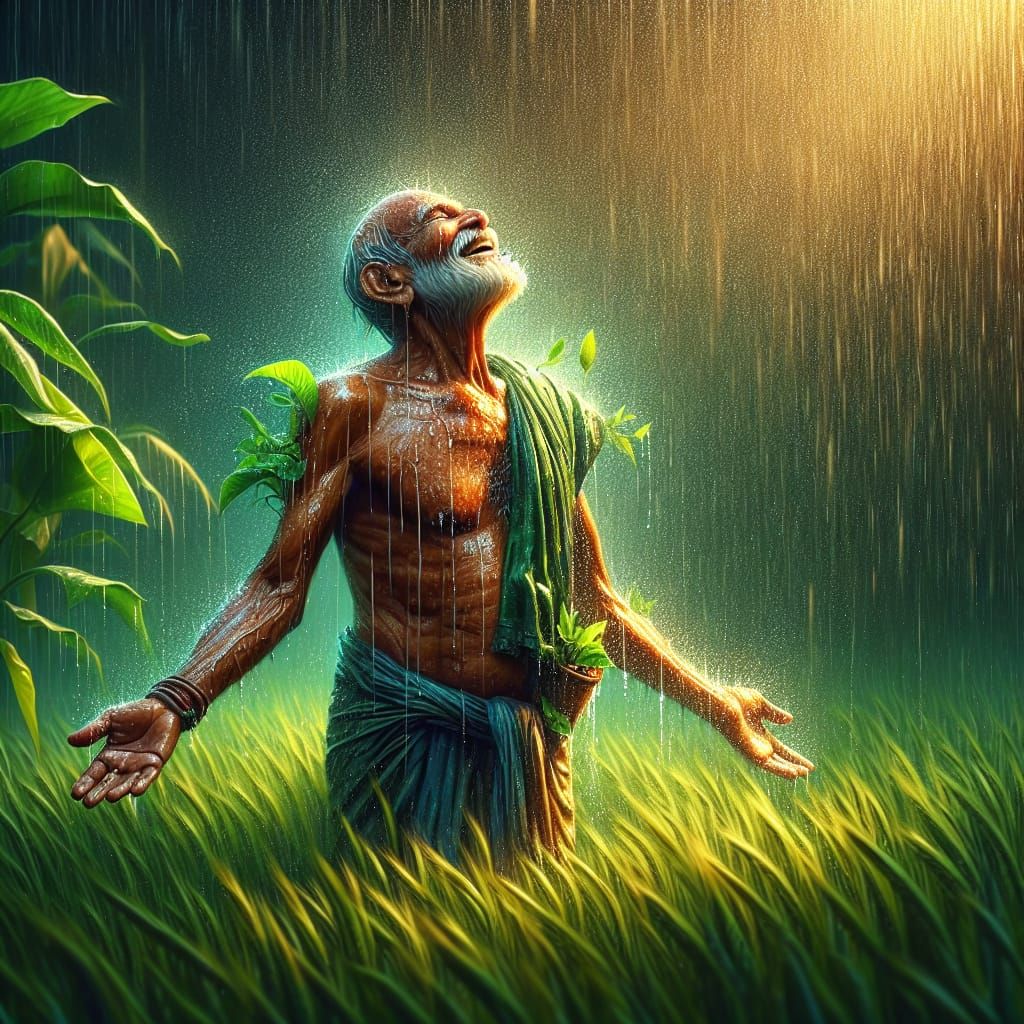 Indian Farmer Joyfully Bathing in Refreshing Rainfall