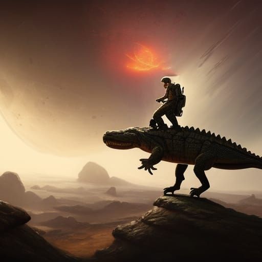 Soldier Riding Crocodile on Venus in Dark Fantasy Style